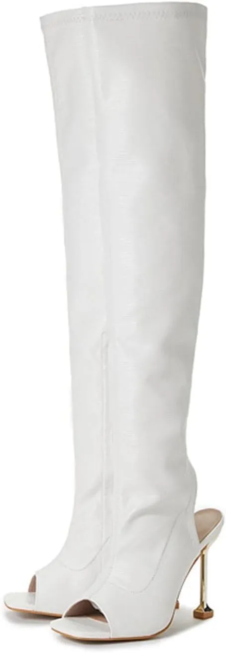 hlysgo Women Sexy Over The Knee Thigh High Boots Open Toe Long Stretch Casual Bootie Stiletto High Heel
