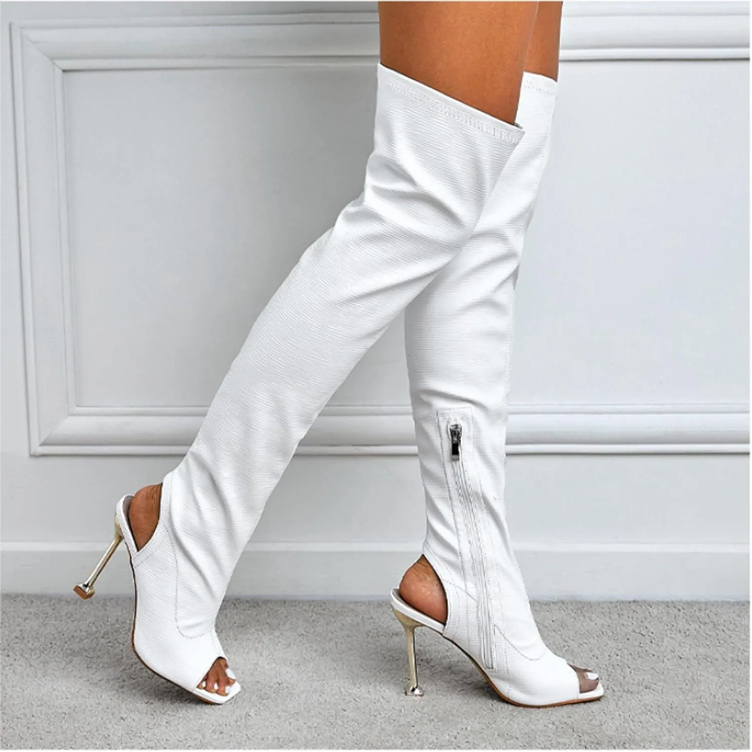 hlysgo Women Sexy Over The Knee Thigh High Boots Open Toe Long Stretch Casual Bootie Stiletto High Heel