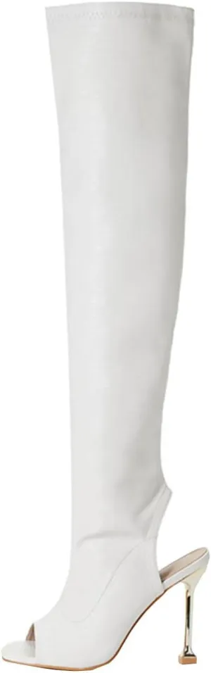 hlysgo Women Sexy Over The Knee Thigh High Boots Open Toe Long Stretch Casual Bootie Stiletto High Heel