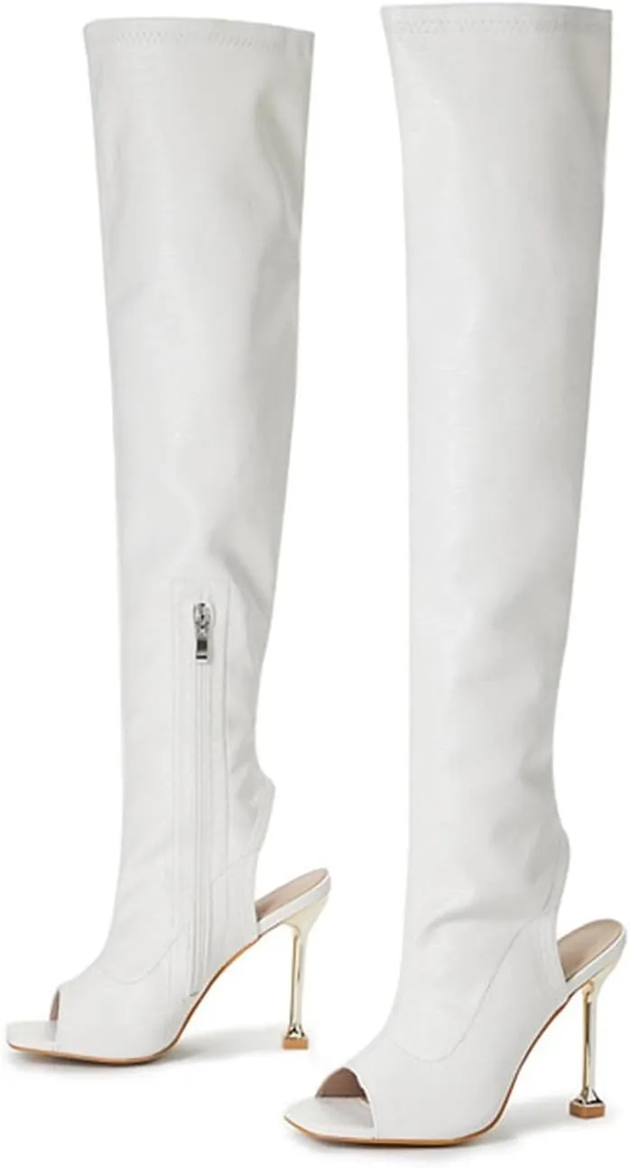 hlysgo Women Sexy Over The Knee Thigh High Boots Open Toe Long Stretch Casual Bootie Stiletto High Heel