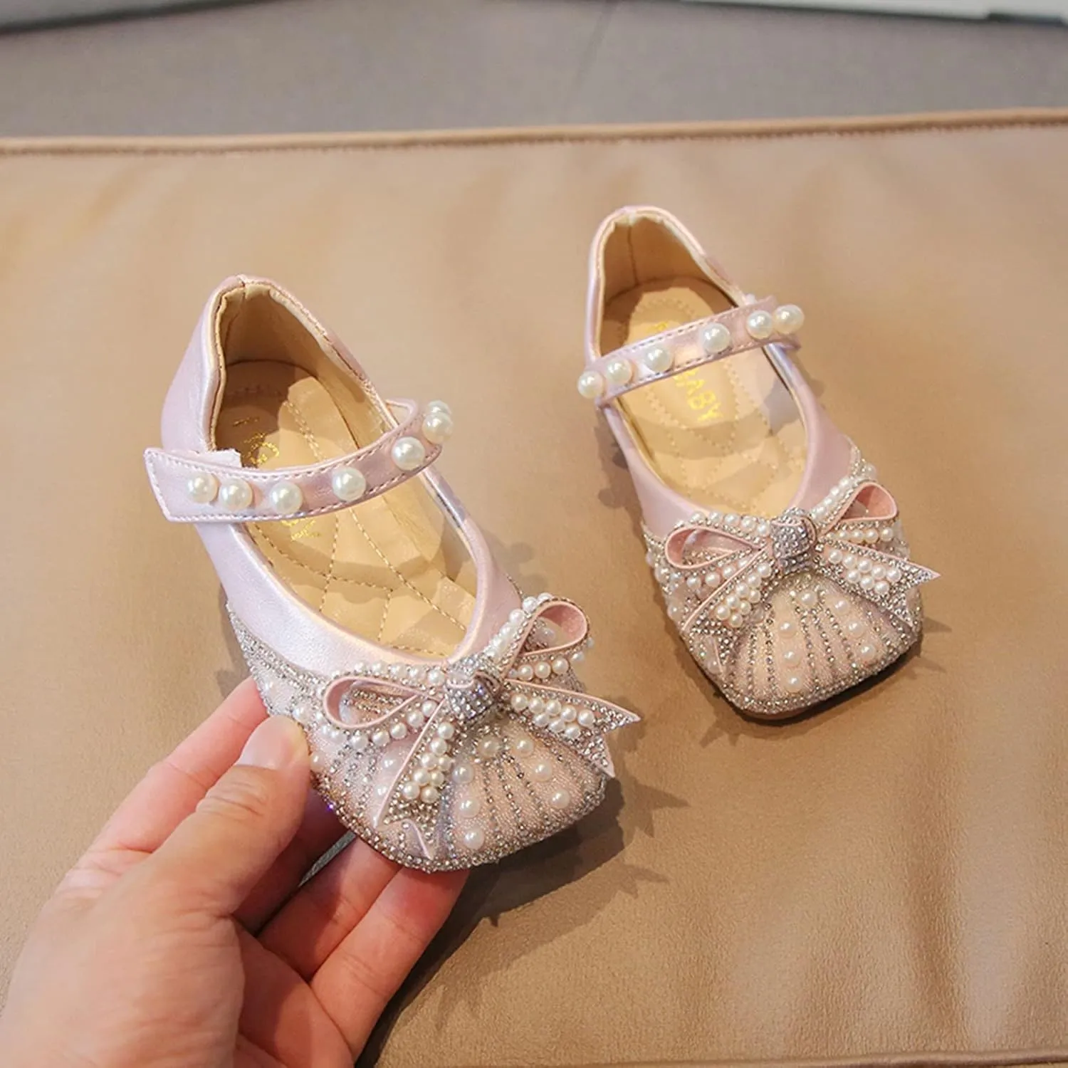 IWIHMIV Dress Up Shoes for Toddler Girls Pearl Rhinestone Bow Dress Shoes Princess Mary Jane Party Dress Shoes