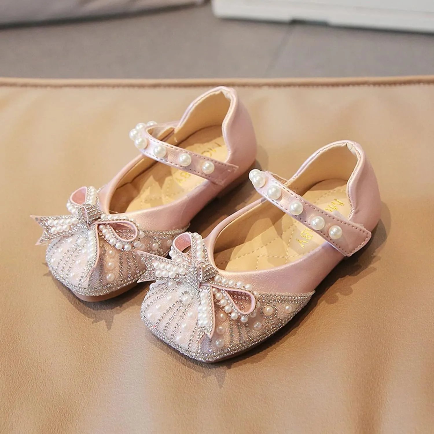 IWIHMIV Dress Up Shoes for Toddler Girls Pearl Rhinestone Bow Dress Shoes Princess Mary Jane Party Dress Shoes