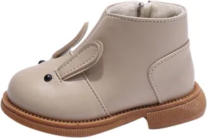 Kids Girls Ankle Boots Flat Non Slip Round Toe Side Zipper Boots Plush Warm Comfortable Cartoon Children Booties (Beige, 2-2.5 Years Toddler)