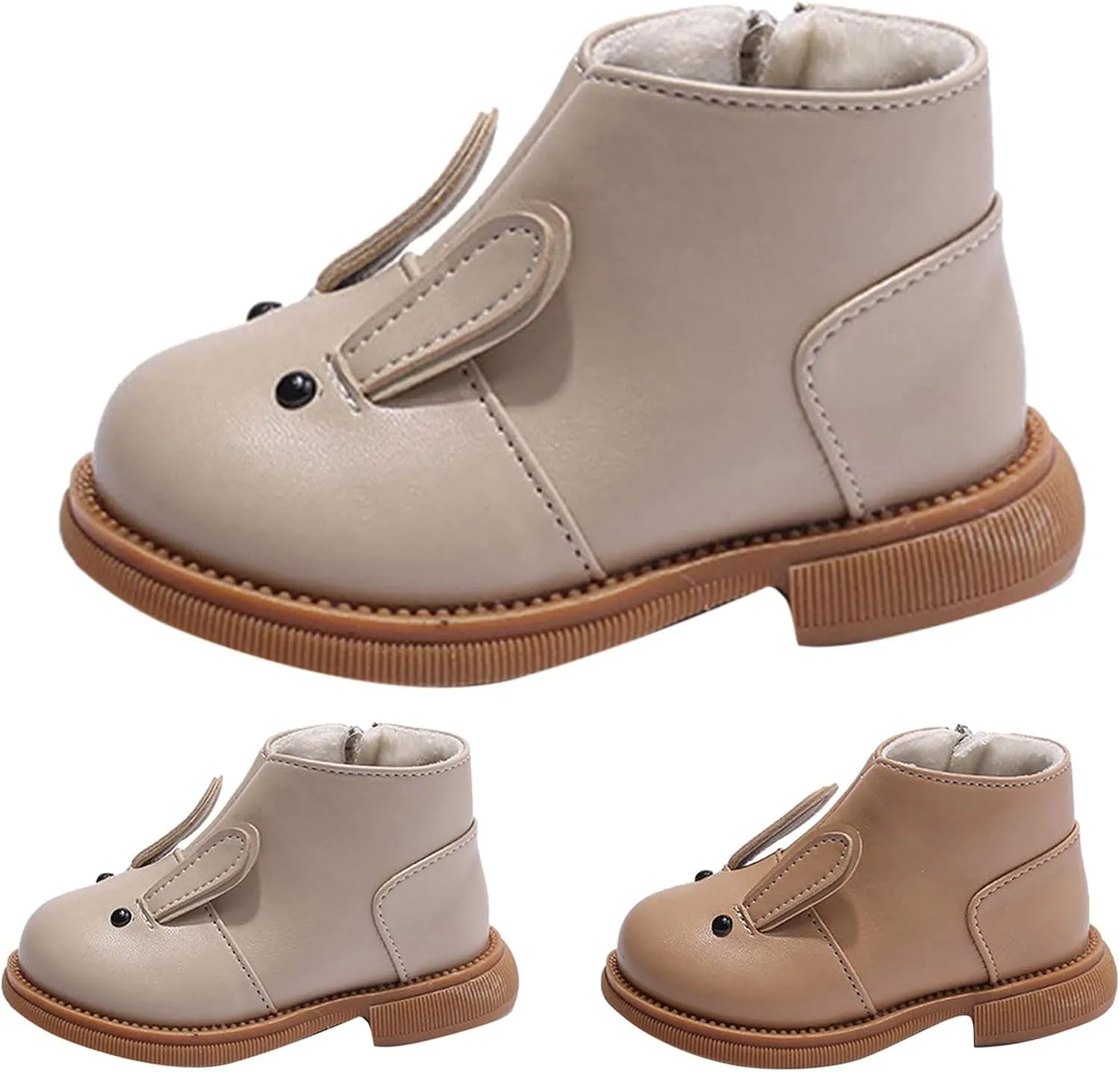 Kids Girls Ankle Boots Flat Non Slip Round Toe Side Zipper Boots Plush Warm Comfortable Cartoon Children Booties (Beige, 2-2.5 Years Toddler)