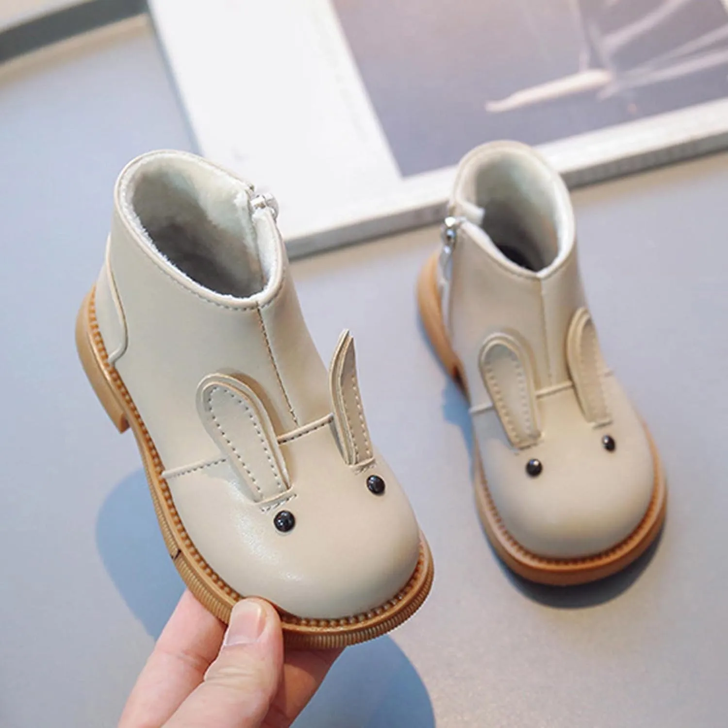 Kids Girls Ankle Boots Flat Non Slip Round Toe Side Zipper Boots Plush Warm Comfortable Cartoon Children Booties (Beige, 2-2.5 Years Toddler)