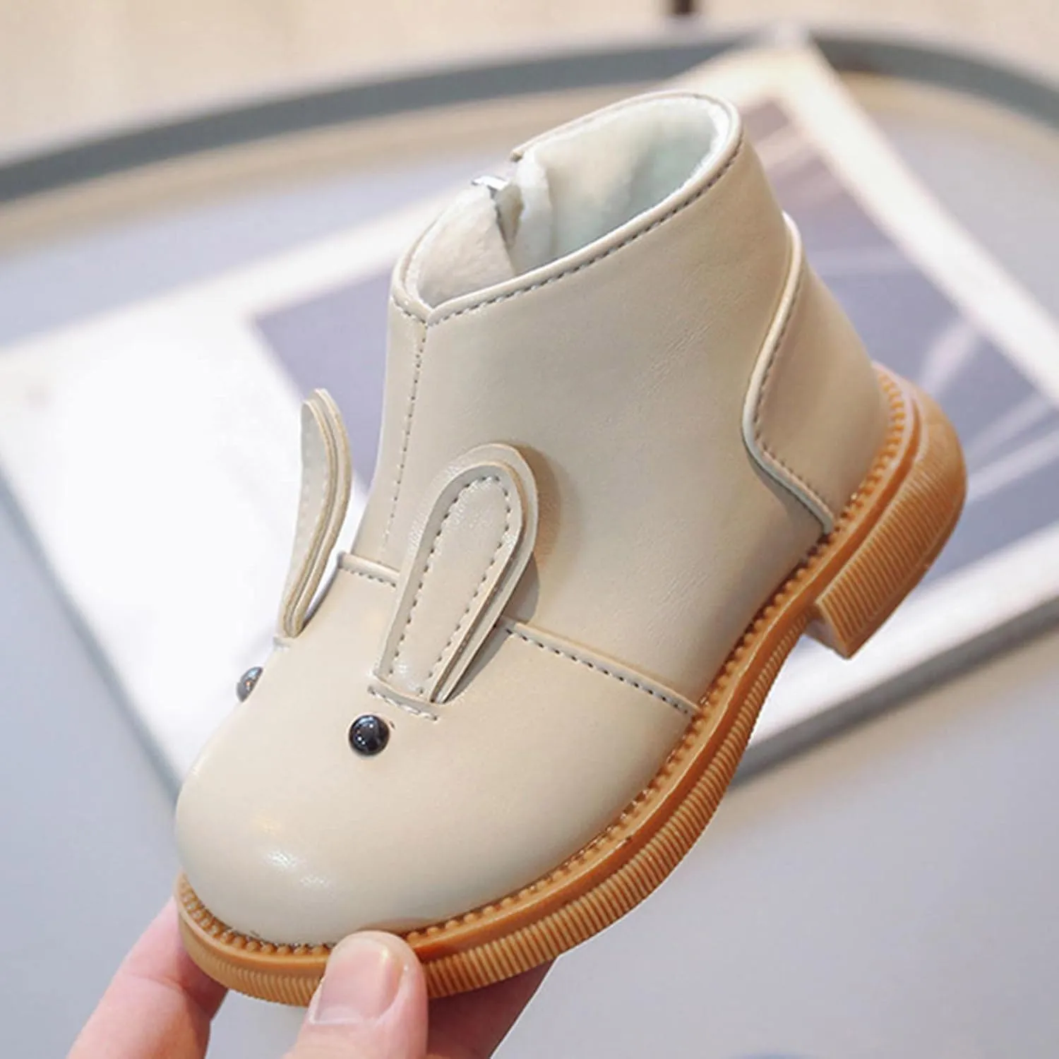Kids Girls Ankle Boots Flat Non Slip Round Toe Side Zipper Boots Plush Warm Comfortable Cartoon Children Booties (Beige, 2-2.5 Years Toddler)