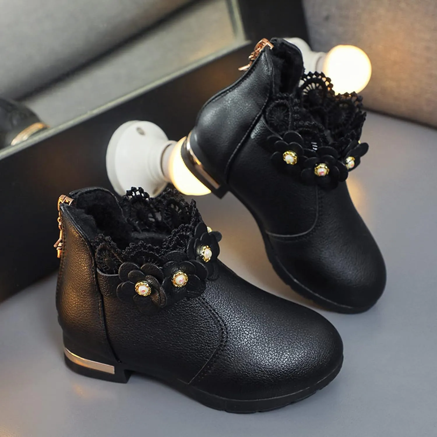 Kids Girls Ankle Boots With Side Buckle Zipper Lace Trim Dress Boot Toddler Boys Girls Fragile Strap Low Heel Shoes