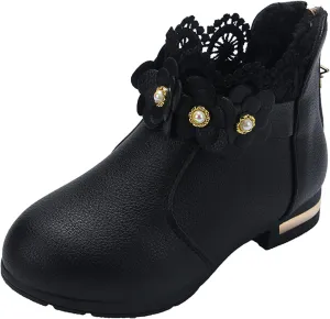 Kids Girls Ankle Boots With Side Buckle Zipper Lace Trim Dress Boot Toddler Boys Girls Fragile Strap Low Heel Shoes
