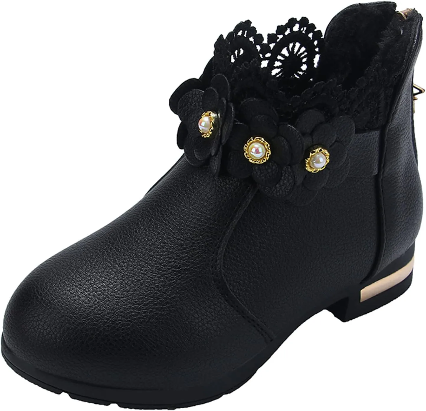 Kids Girls Ankle Boots With Side Buckle Zipper Lace Trim Dress Boot Toddler Boys Girls Fragile Strap Low Heel Shoes