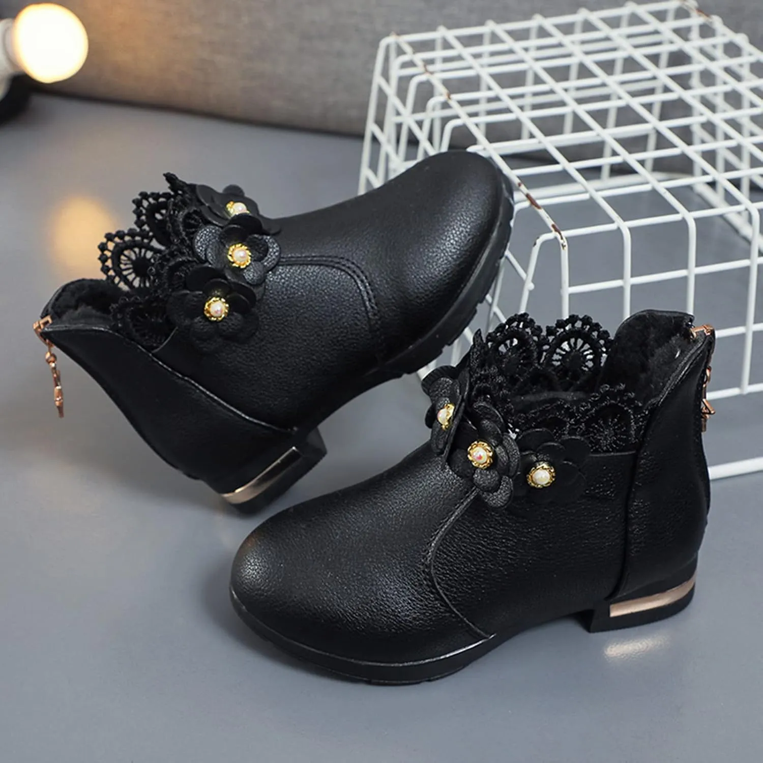 Kids Girls Ankle Boots With Side Buckle Zipper Lace Trim Dress Boot Toddler Boys Girls Fragile Strap Low Heel Shoes