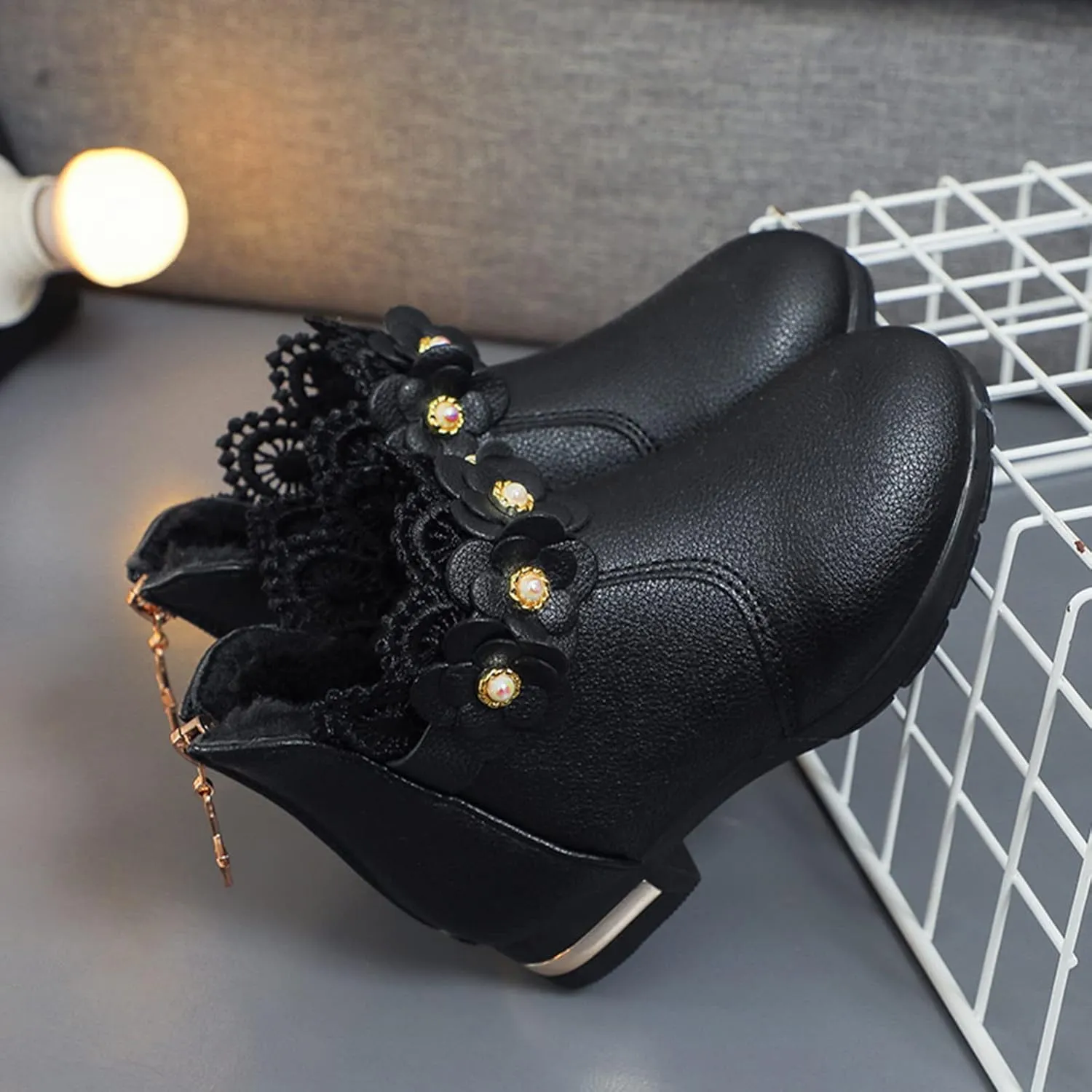 Kids Girls Ankle Boots With Side Buckle Zipper Lace Trim Dress Boot Toddler Boys Girls Fragile Strap Low Heel Shoes