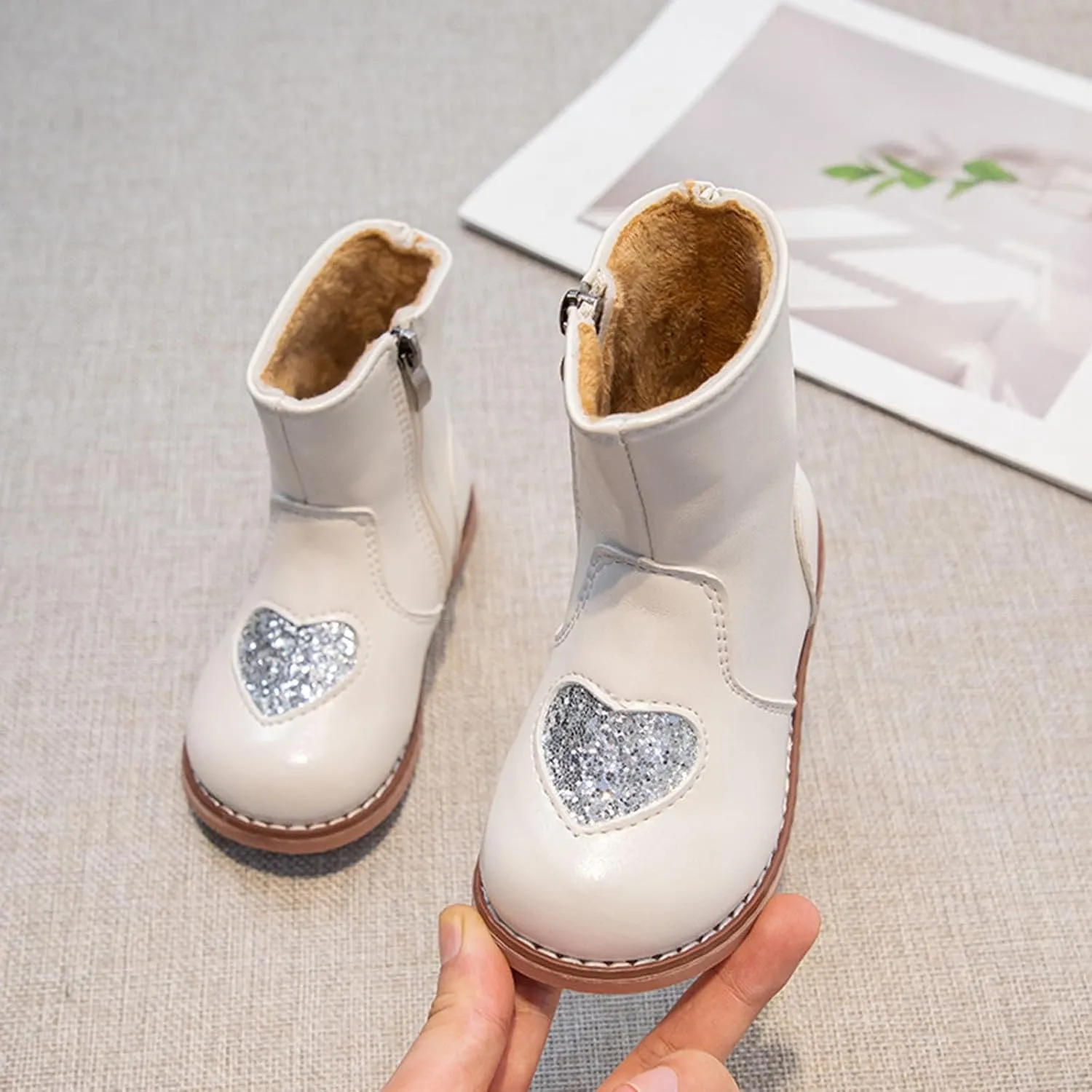 Kids Girls Short Ankle Boots Sweet Heart Sequin Side Zipper Dress Booties 2024 Fashion Trendy Platform Shoes