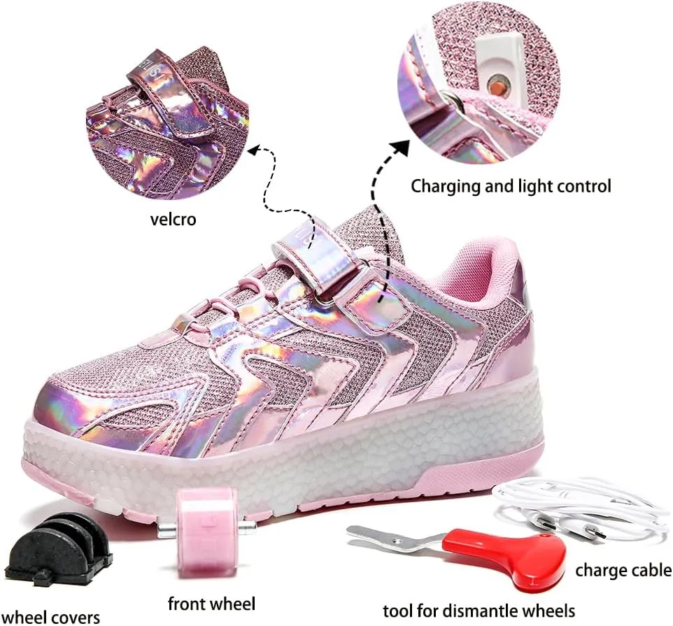 Kids LED Roller Skate Shoes with Double Wheels Rechargeable Retractable Wheels Light Up Sneakers for Christmas Birthday Gifts