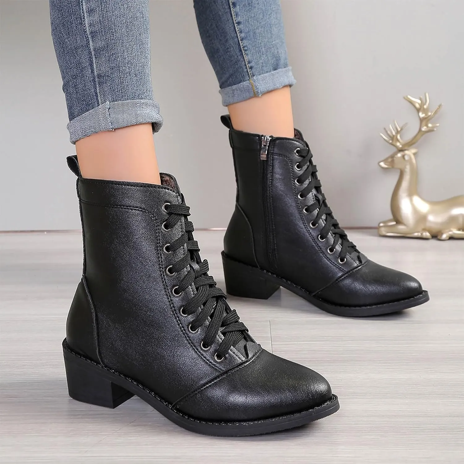 Lace Up Boots For Women Winter Boots Black Combat Boots Mid Calf Ankle Boots Low Heel Victorian Boots Pirate Boots