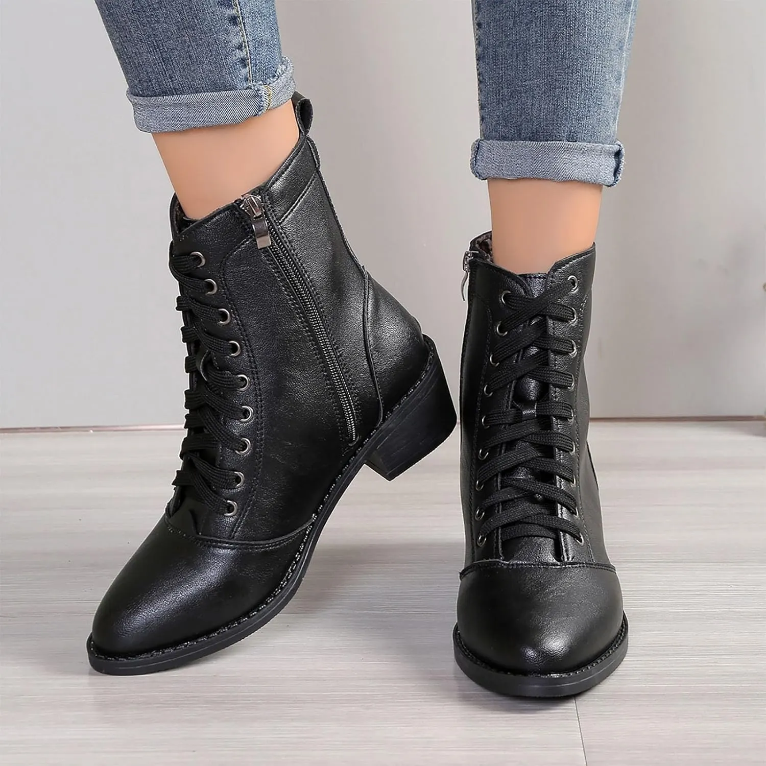 Lace Up Boots For Women Winter Boots Black Combat Boots Mid Calf Ankle Boots Low Heel Victorian Boots Pirate Boots
