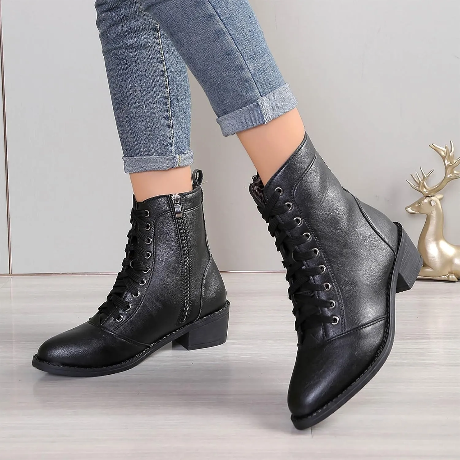 Lace Up Boots For Women Winter Boots Black Combat Boots Mid Calf Ankle Boots Low Heel Victorian Boots Pirate Boots