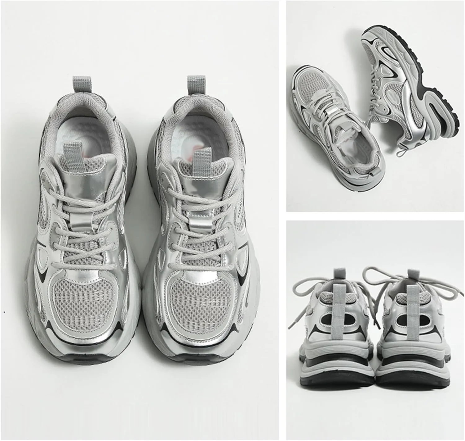 Lace-Up Platform Sneakers - Fashionable Dad Shoes for Women with Versatile for Spring and Autumn in Breathable Mesh,Silver Casual Trainers,Silver-37