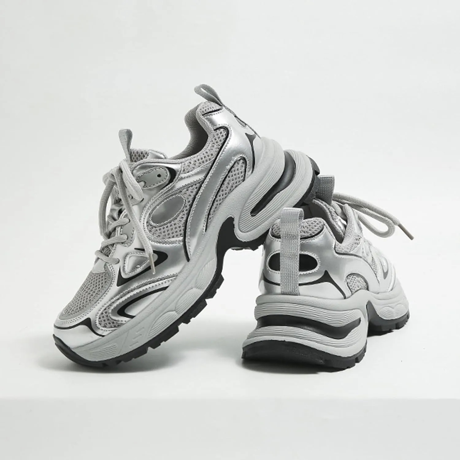 Lace-Up Platform Sneakers - Fashionable Dad Shoes for Women with Versatile for Spring and Autumn in Breathable Mesh,Silver Casual Trainers,Silver-37