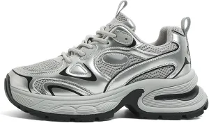 Lace-Up Platform Sneakers - Fashionable Dad Shoes for Women with Versatile for Spring and Autumn in Breathable Mesh,Silver Casual Trainers,Silver-37