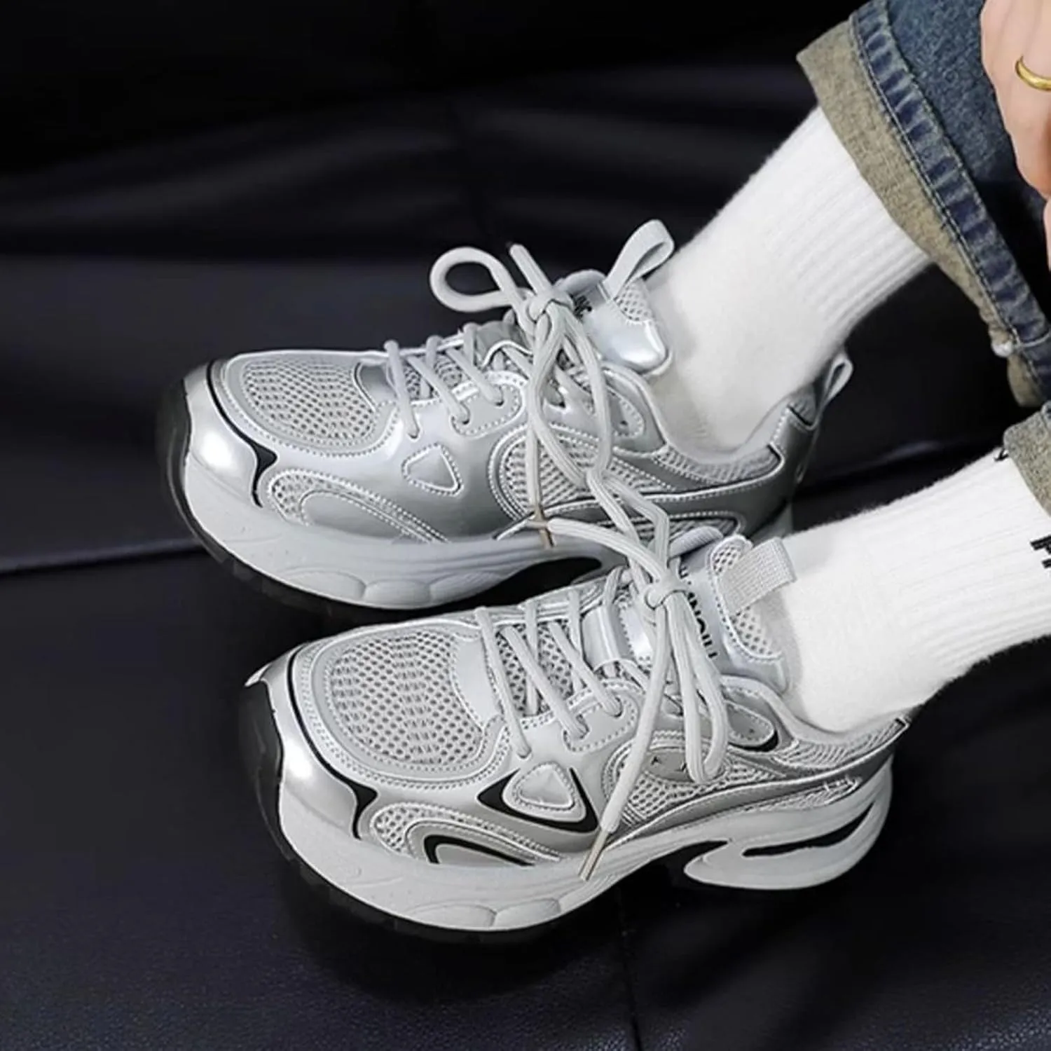 Lace-Up Platform Sneakers - Fashionable Dad Shoes for Women with Versatile for Spring and Autumn in Breathable Mesh,Silver Casual Trainers,Silver-37