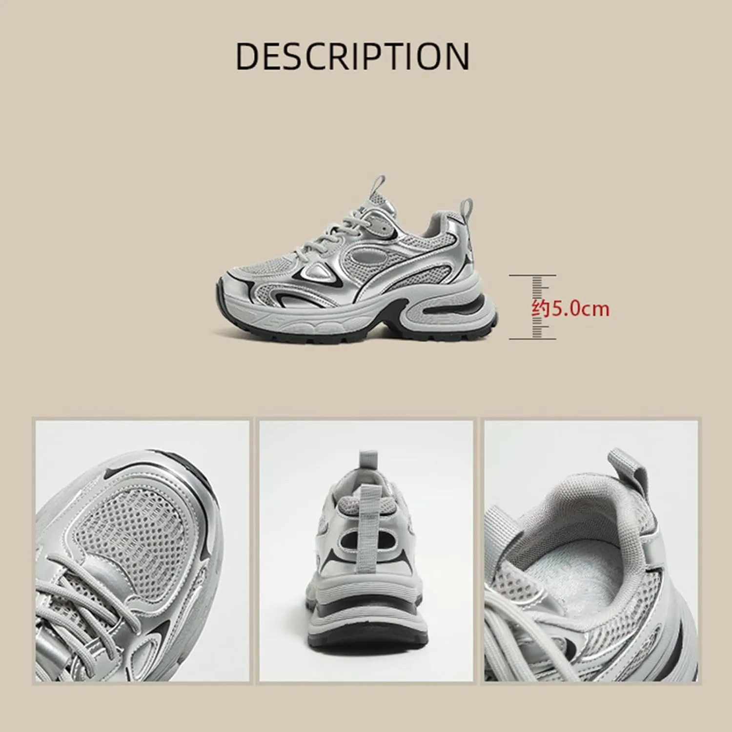 Lace-Up Platform Sneakers - Fashionable Dad Shoes for Women with Versatile for Spring and Autumn in Breathable Mesh,Silver Casual Trainers,Silver-37
