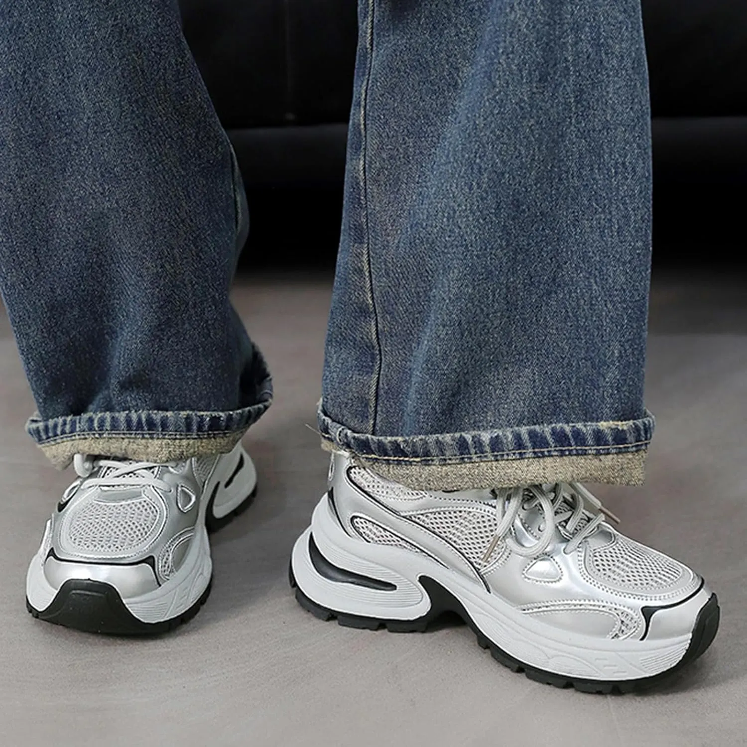 Lace-Up Platform Sneakers - Fashionable Dad Shoes for Women with Versatile for Spring and Autumn in Breathable Mesh,Silver Casual Trainers,Silver-37