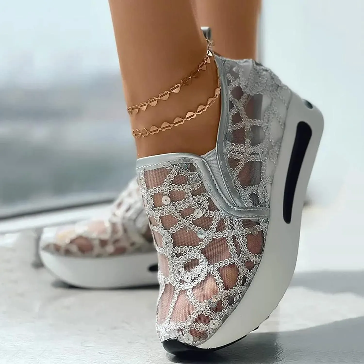 Ladies Fashion Breathable Knitted Mesh Pointed Flat Bottomed Casual Single Shoes Sandals with Heel Women (Silver, 7)