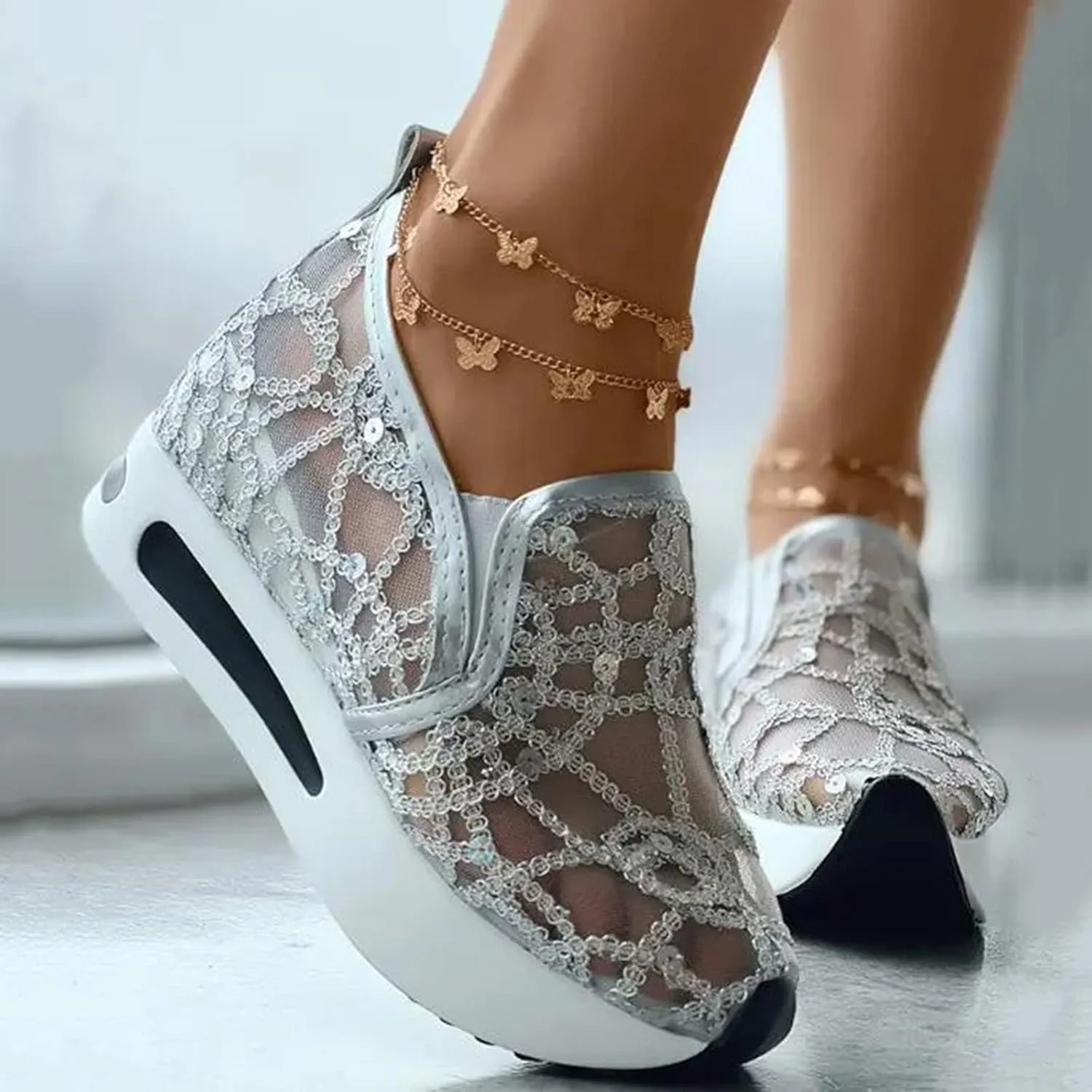 Ladies Fashion Breathable Knitted Mesh Pointed Flat Bottomed Casual Single Shoes Sandals with Heel Women (Silver, 7)