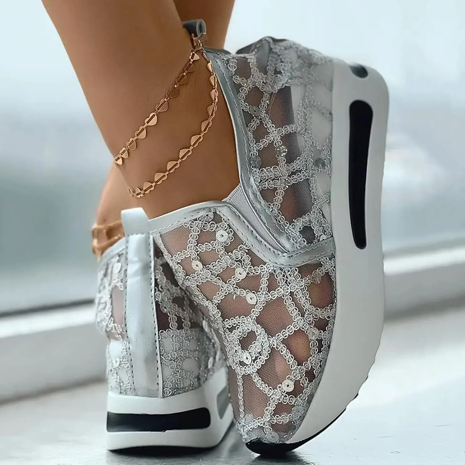 Ladies Fashion Breathable Knitted Mesh Pointed Flat Bottomed Casual Single Shoes Sandals with Heel Women (Silver, 7)