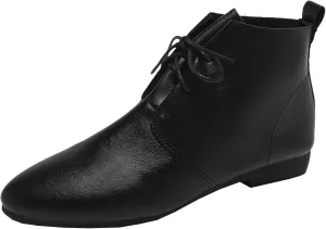 Ladies Retro Solid Pointed Toe Flat Lace Up Ankle Boots Western Short Boots Leather Boots for Men