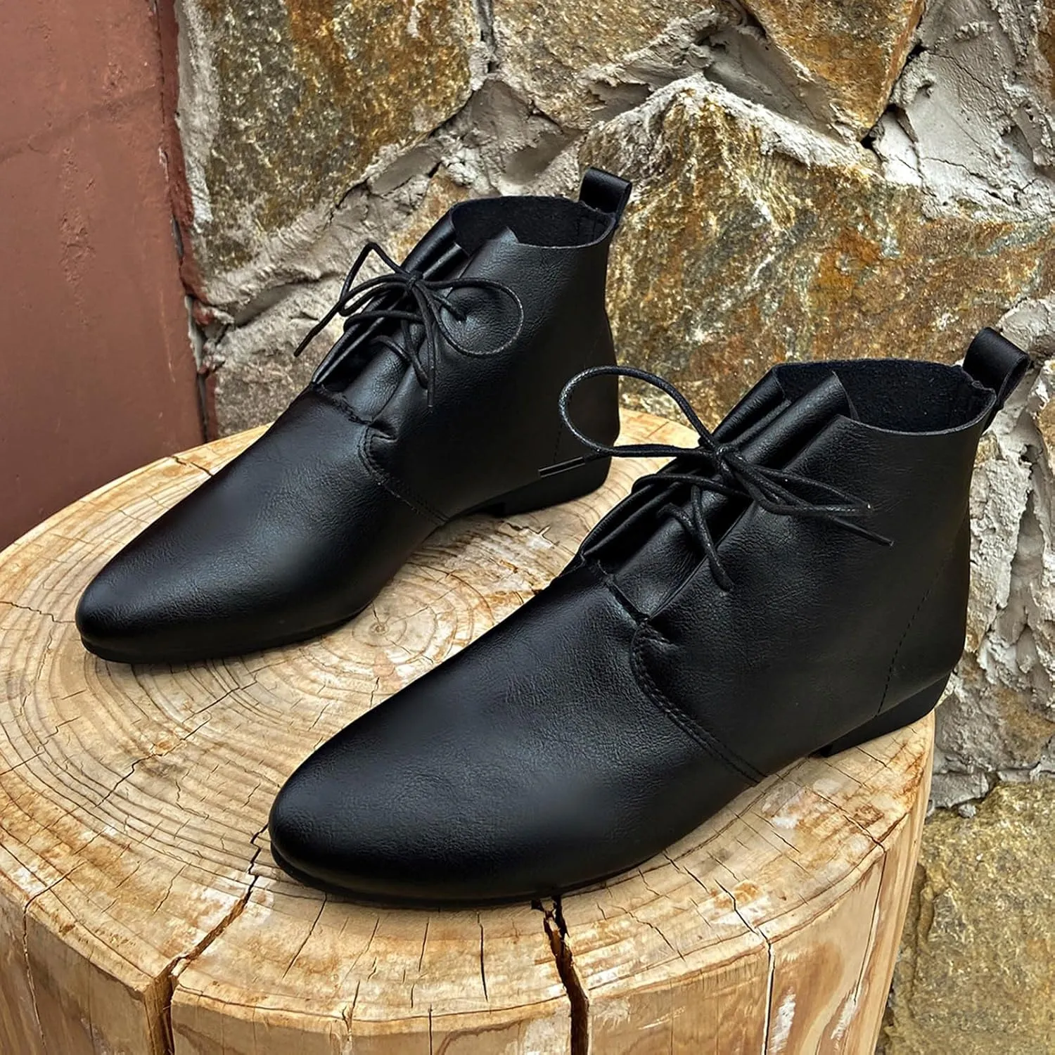 Ladies Retro Solid Pointed Toe Flat Lace Up Ankle Boots Western Short Boots Leather Boots for Men