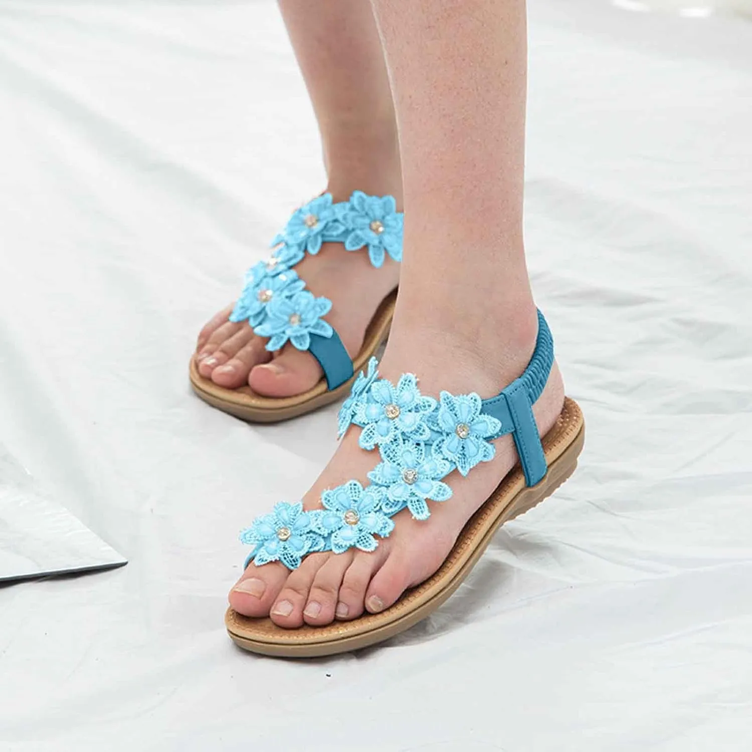 Lady Pearl Flower Sandals Flip Flops Summer Beach Sandals Elegant Clip Toe Sandal Womens Summer Sandals with Low Heel
