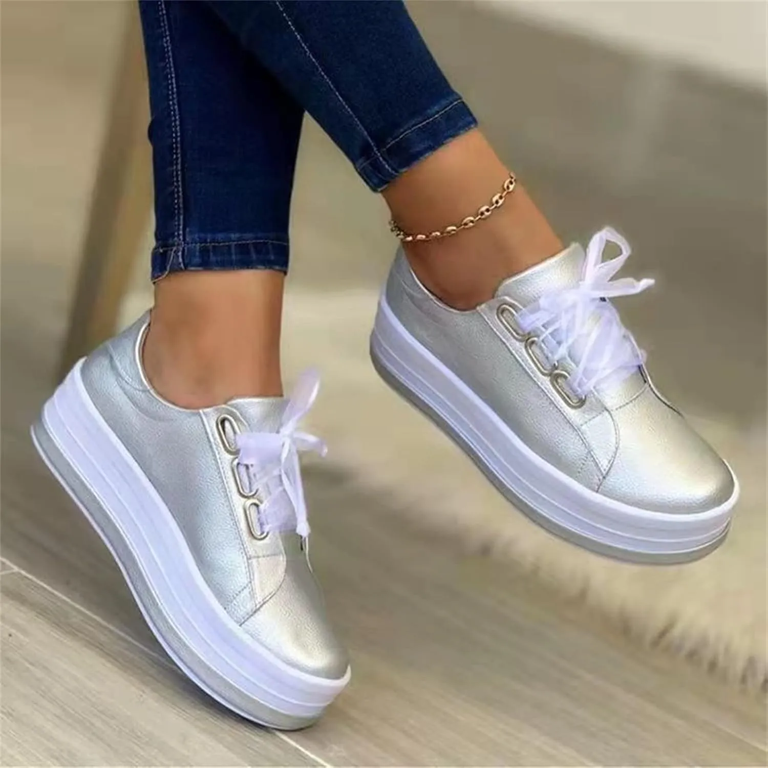 Lausiuoe Shoes for Women Sneakers Trendy Slip On Loafers Shoes Fashion Leather Sneakers Casual Comfortable Flat Walking Shoes
