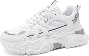 lilaBelle]【Hidden Height Increase Men's Dad Shoes Summer Breathable Sneakers with Concealed Lift, Comfortable Casual Sports Shoes for Outdoor Walking, Fashion White Chunky Trainers (Mesh & Rubber)