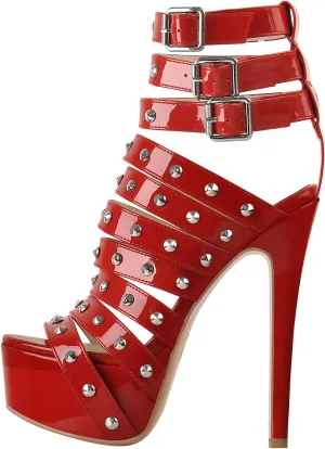 LISHAN Women's Platform Rivets Ankle Buckles High Heels Sandals