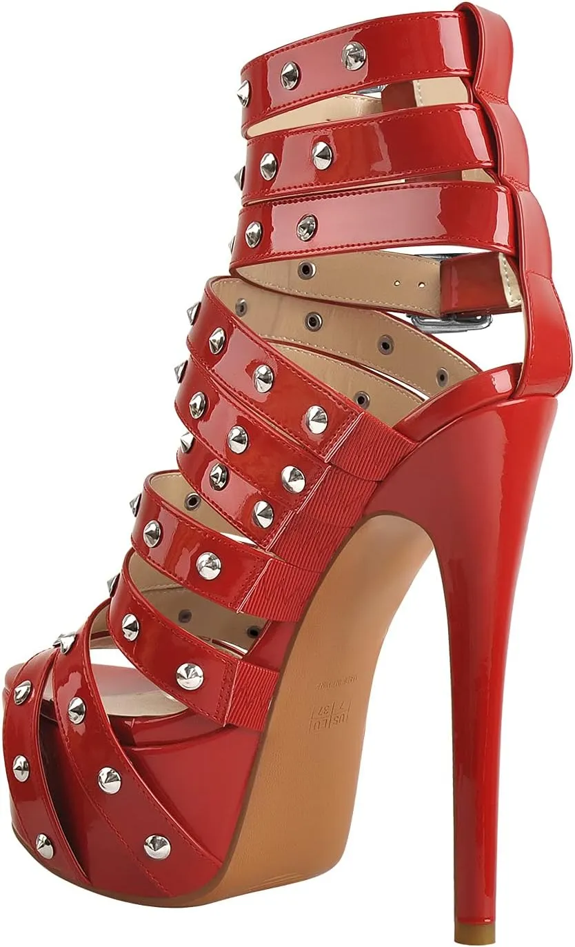 LISHAN Women's Platform Rivets Ankle Buckles High Heels Sandals