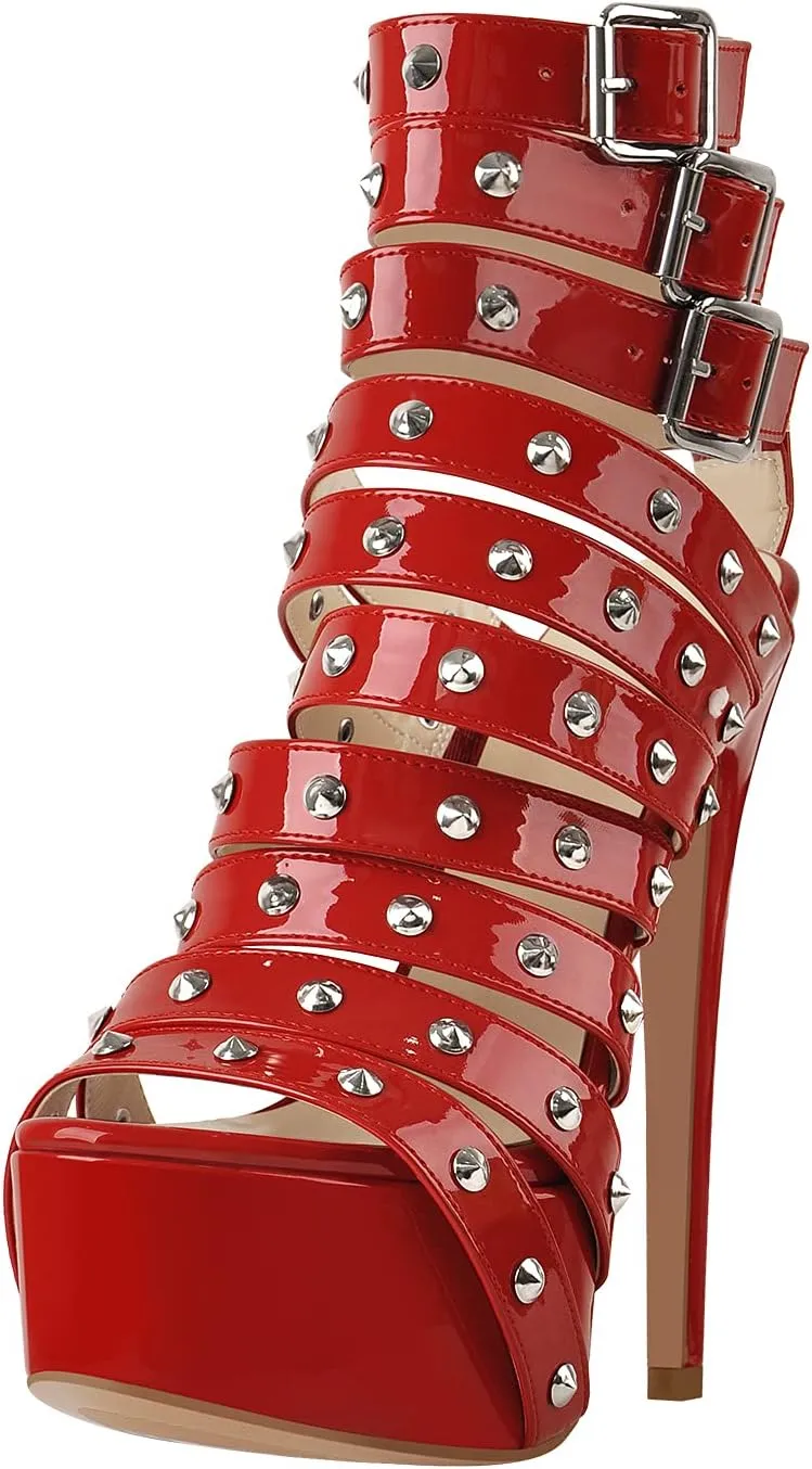 LISHAN Women's Platform Rivets Ankle Buckles High Heels Sandals