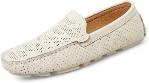 Loafer Shoes Driving Moccasins for Men Genuine Leather Stitching Details Perforated Round Toe Rubber Sole Breathable Lightweight Anti-Slip Flat Heel for Any Attire