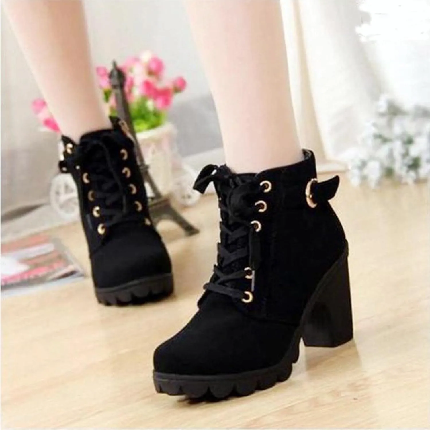 Lug Sole Chunky Heel Ankle Boots for Women Lace Up High Heel Booties Vintage Suede Short Bootie Elegant Shoes Boot