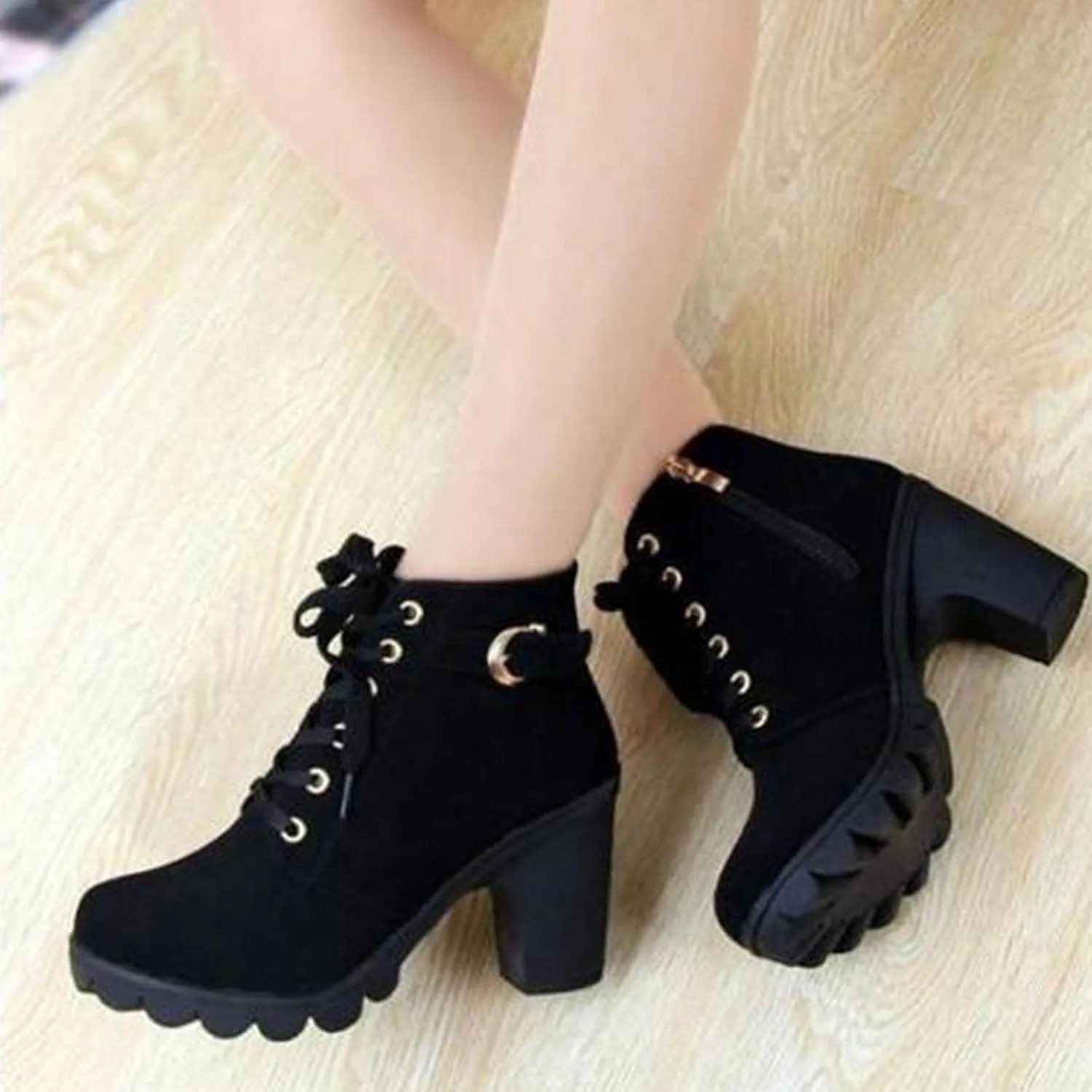 Lug Sole Chunky Heel Ankle Boots for Women Lace Up High Heel Booties Vintage Suede Short Bootie Elegant Shoes Boot