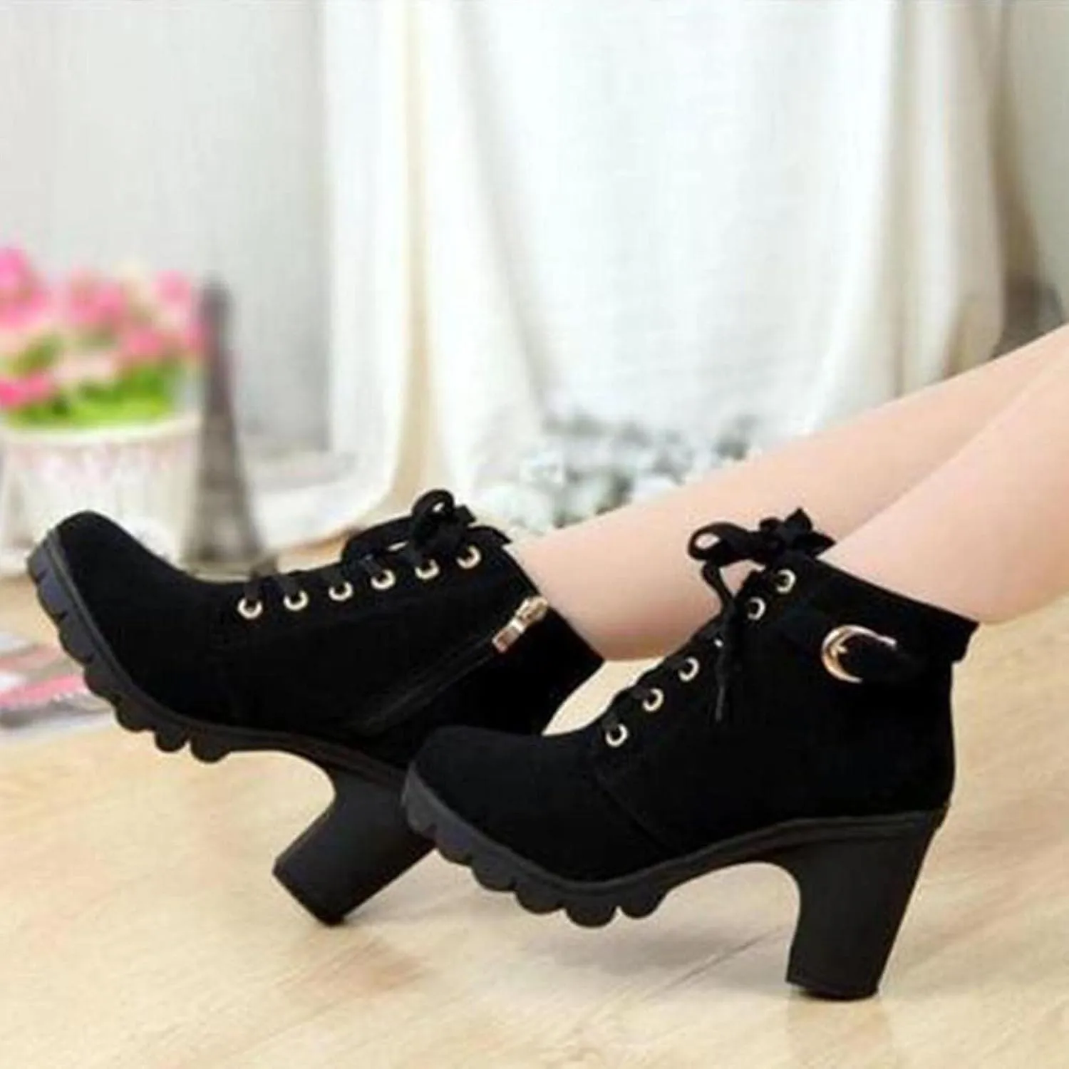 Lug Sole Chunky Heel Ankle Boots for Women Lace Up High Heel Booties Vintage Suede Short Bootie Elegant Shoes Boot