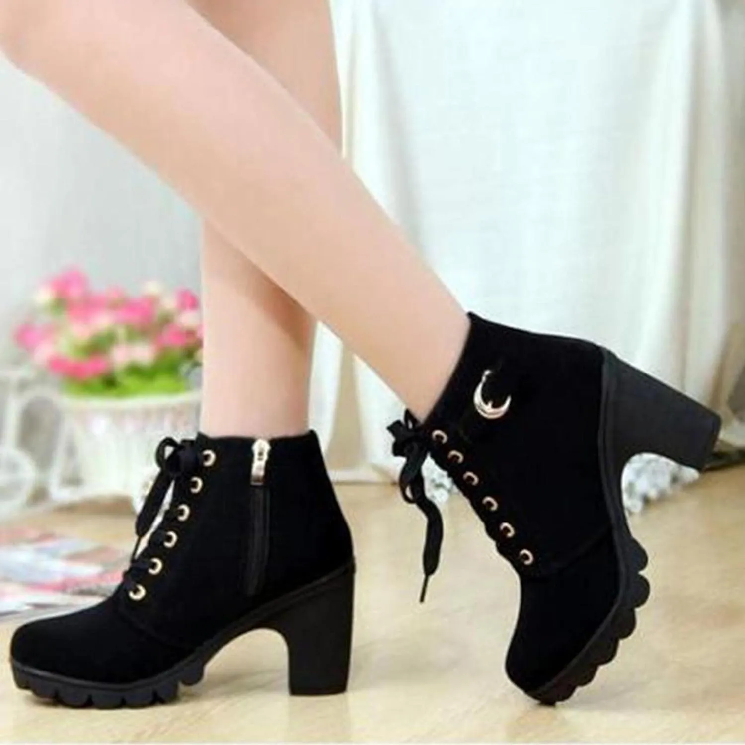 Lug Sole Chunky Heel Ankle Boots for Women Lace Up High Heel Booties Vintage Suede Short Bootie Elegant Shoes Boot