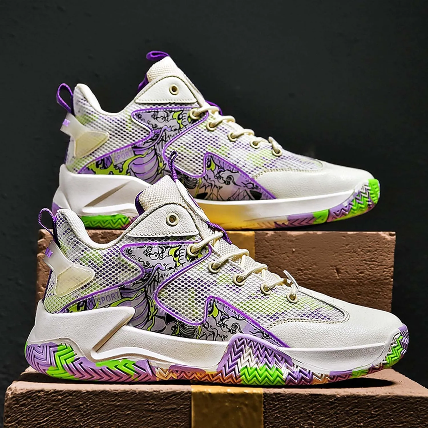 Men's Anti Slip Basketball Shoes Fashionable Personality Running Sneakers Indoor Outdoor Breathable Cushioning Trainers