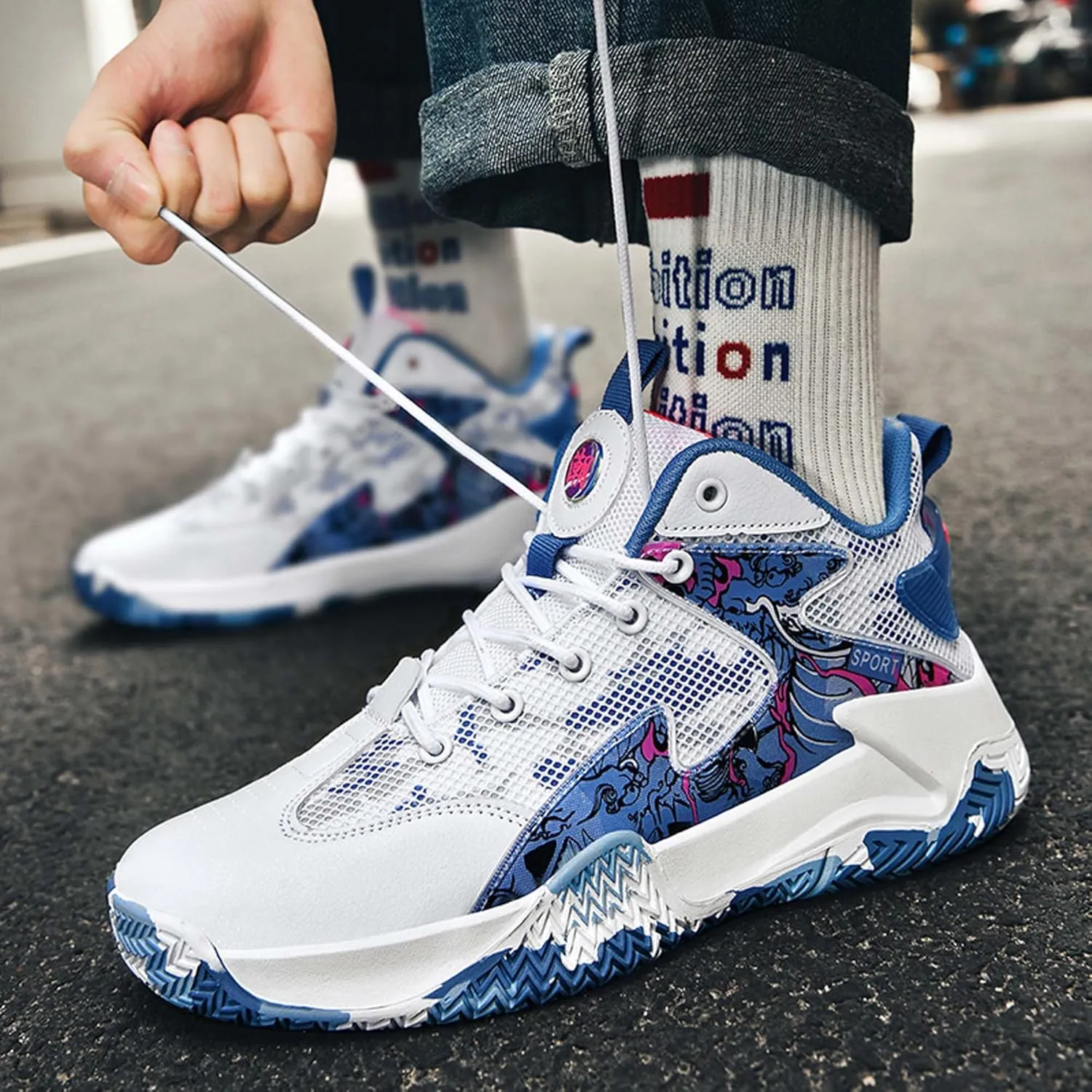 Men's Anti Slip Basketball Shoes Fashionable Personality Running Sneakers Indoor Outdoor Breathable Cushioning Trainers