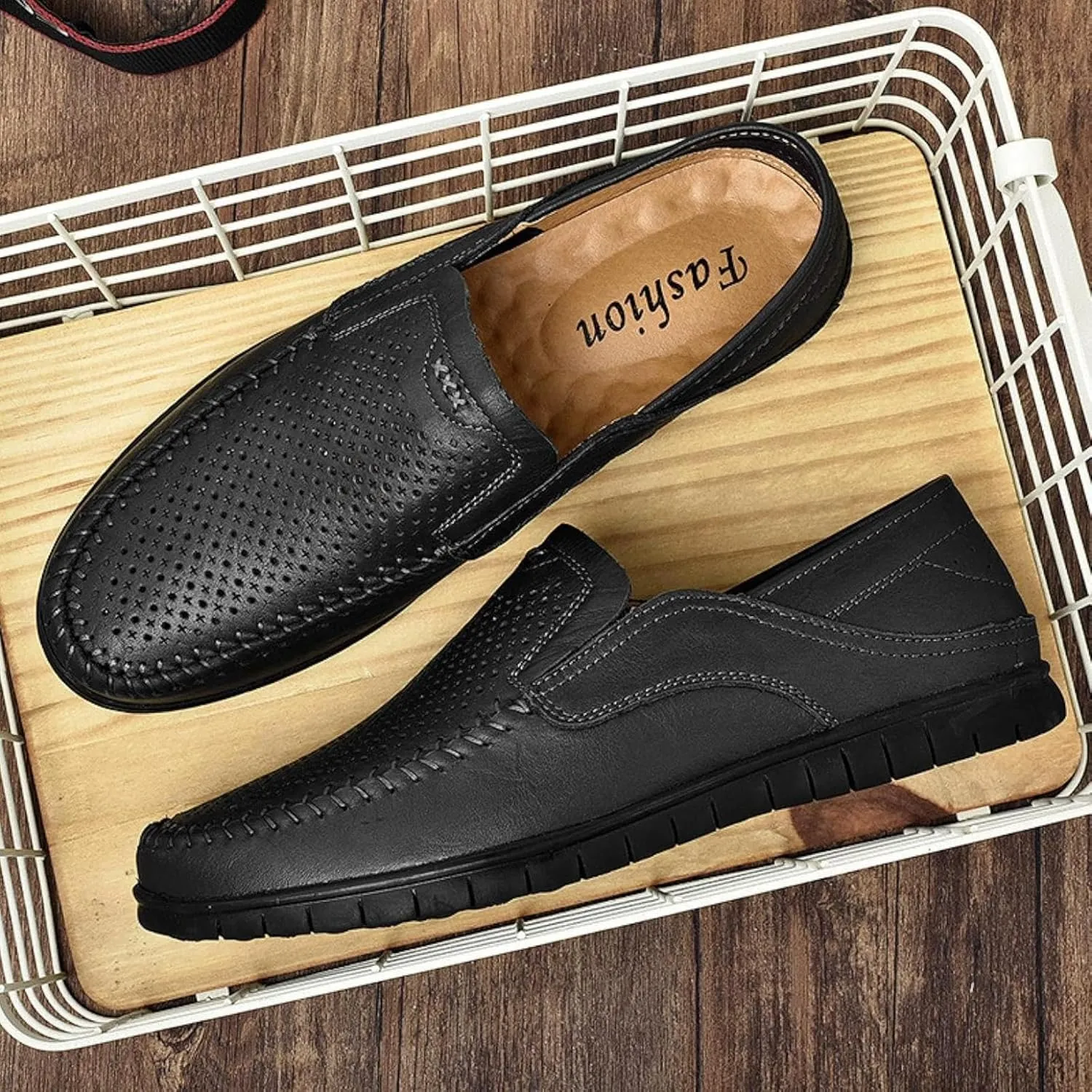 Men's Comfortable Leather Shoes, Hollowed Out Summer Casual Shoes, Outdoor Driving Shoes, Office Casual Shoes