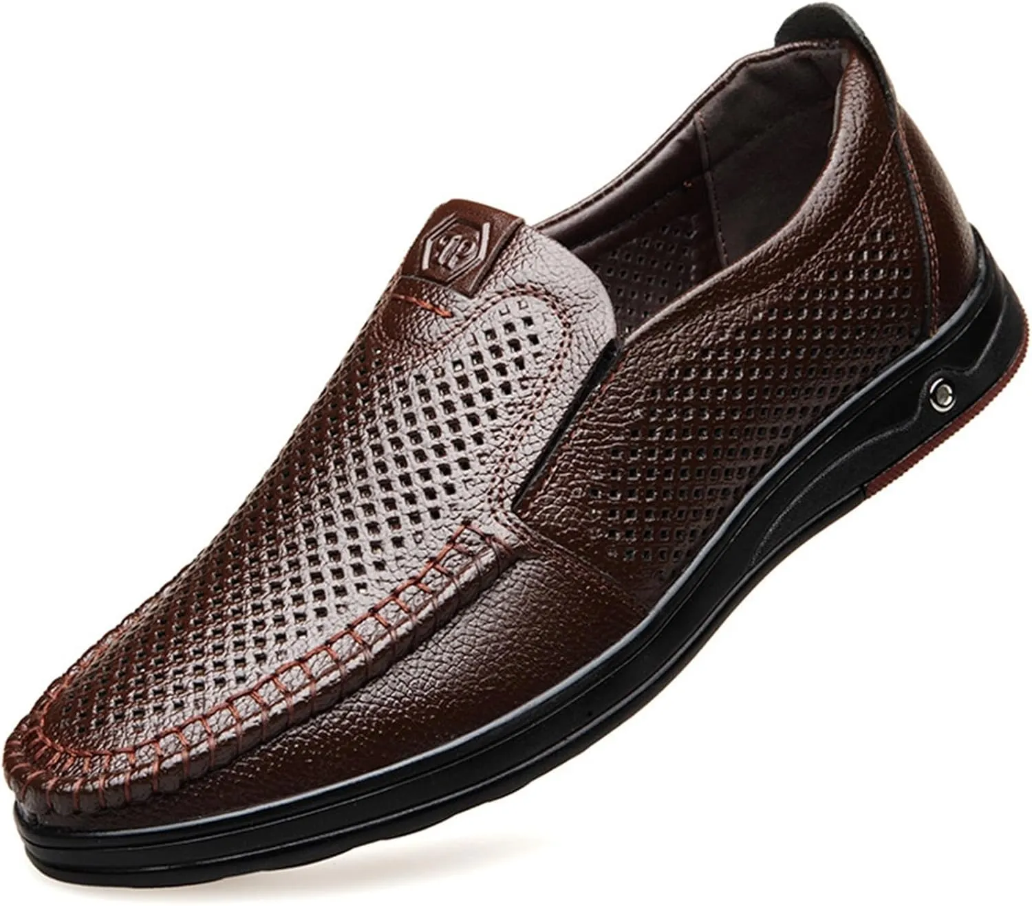 Mens Dress Shoes Men's Shoes Large Size Genuine Leather Breathable Hollow dad Shoes Middle-Aged and Elderly Shoes Business Casual Non-Slip Shoes(Darkbrown,45)
