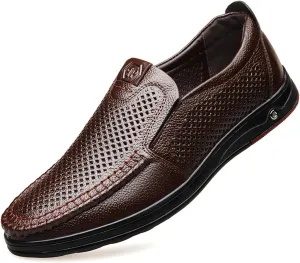 Mens Dress Shoes Men's Shoes Large Size Genuine Leather Breathable Hollow dad Shoes Middle-Aged and Elderly Shoes Business Casual Non-Slip Shoes(Darkbrown,45)