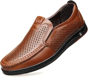 Mens Dress Shoes Men's Shoes Large Size Genuine Leather Breathable Hollow dad Shoes Middle-Aged and Elderly Shoes Business Casual Non-Slip Shoes(Darkbrown,45)