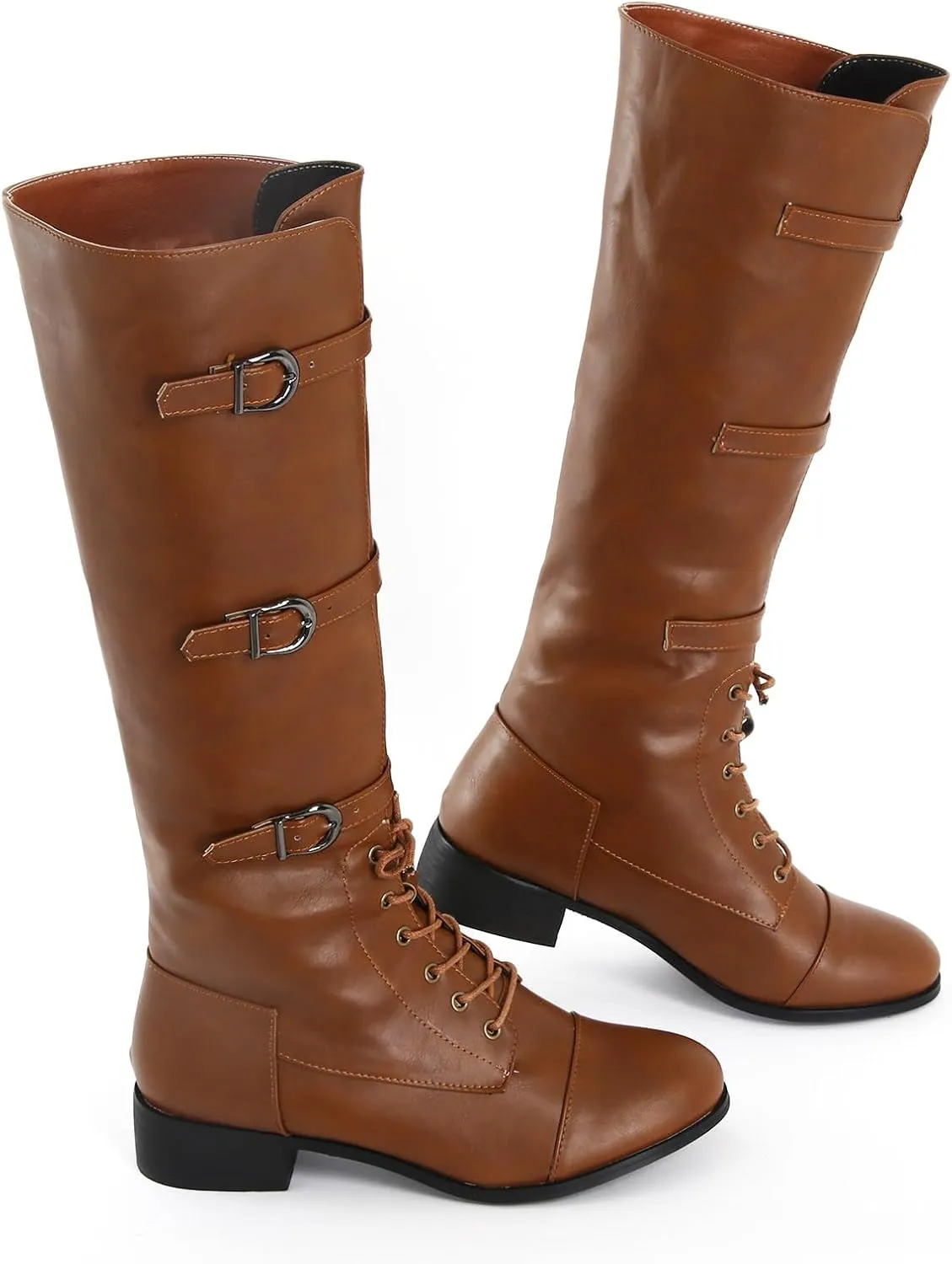 Men's Europe and The United States Round Head Large Size Square Heel Boots Lace Up Boots Belt Buckle Mens Boots Size