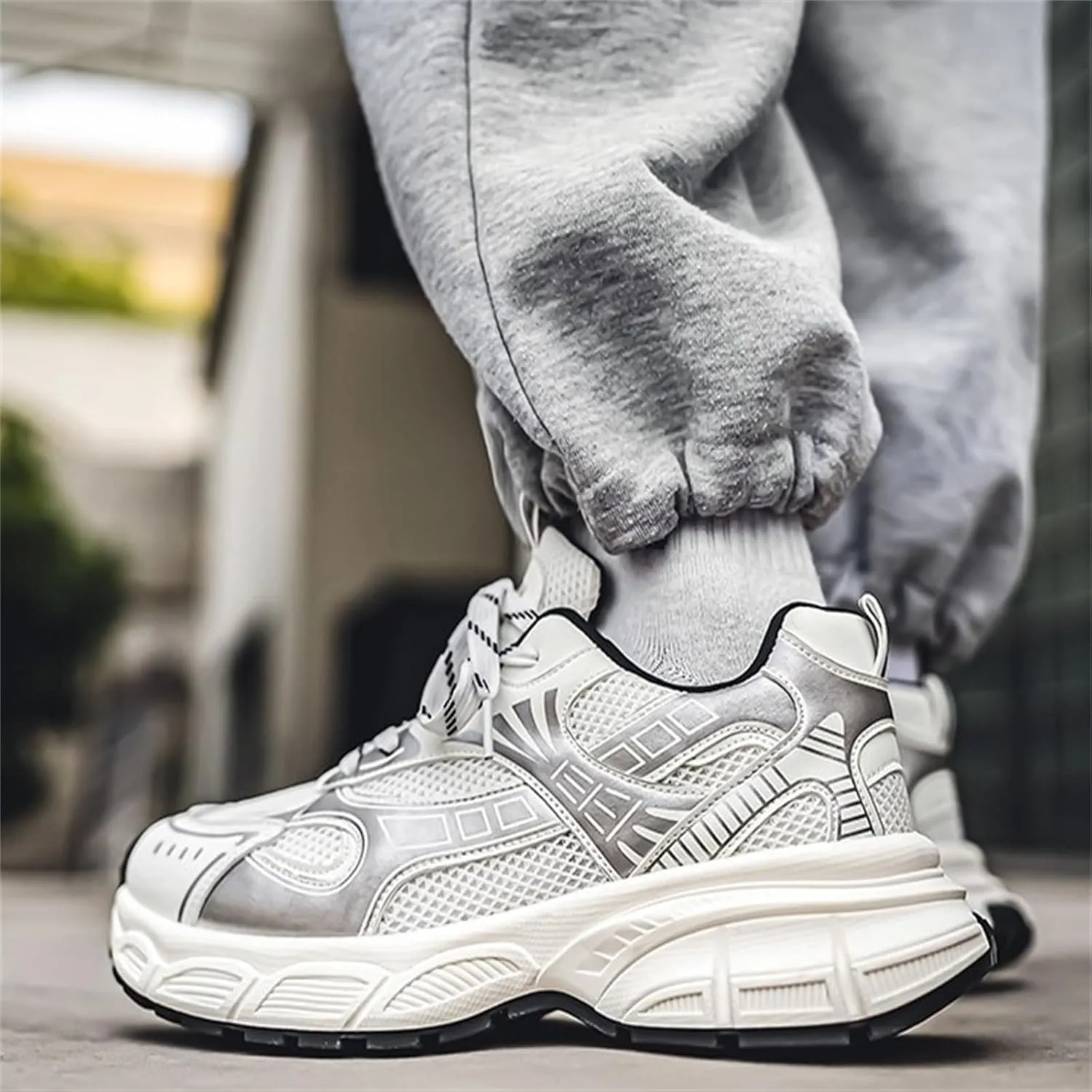 Men's Fashion Breathable Chunky Platform Lace-Up Sneakers Comfortable Non Slip Workout Sport Dad Shoes for Tennis Walking Driving